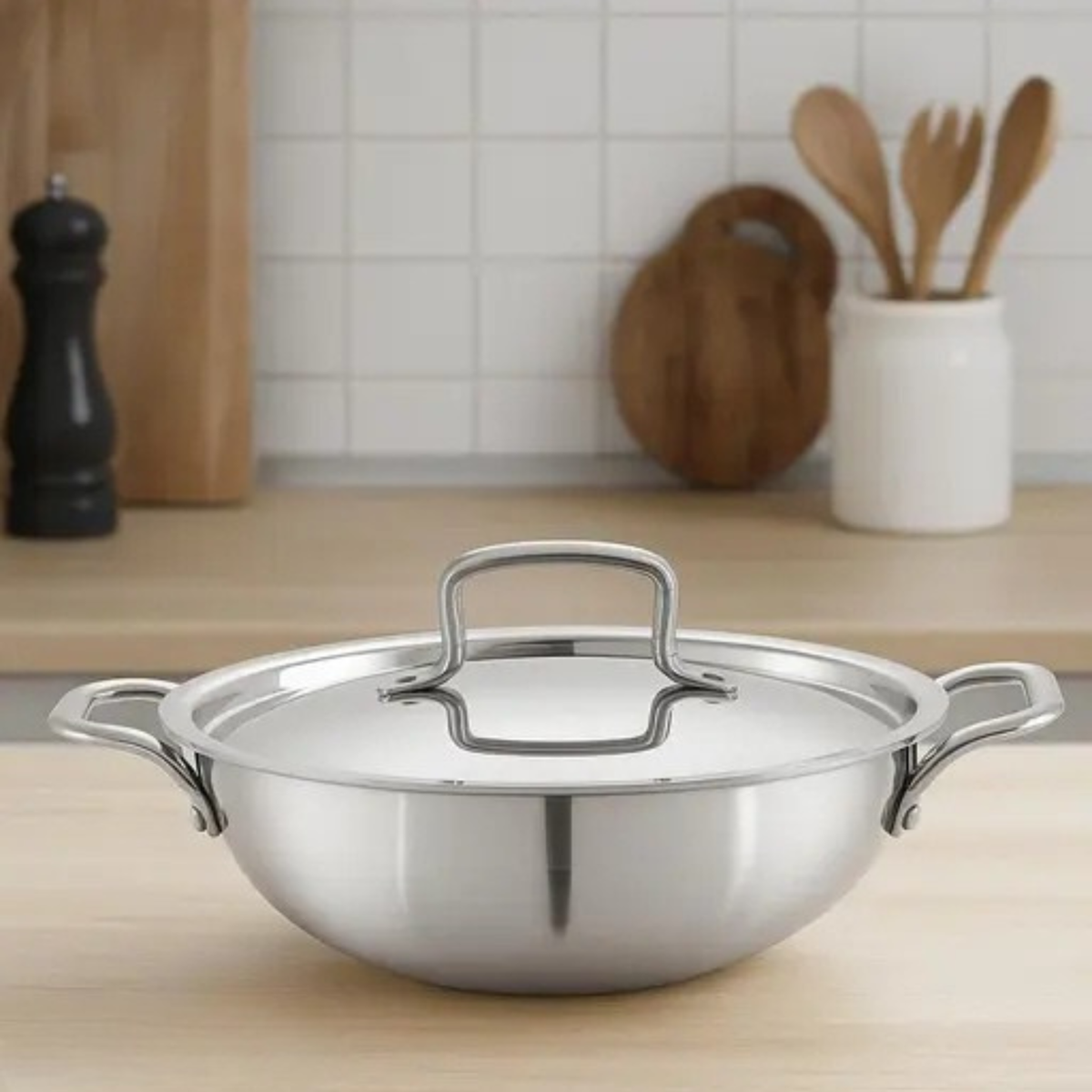 Aman Steel Kadai Tri Ply (With Stainless Steel Lid) 24 cm.